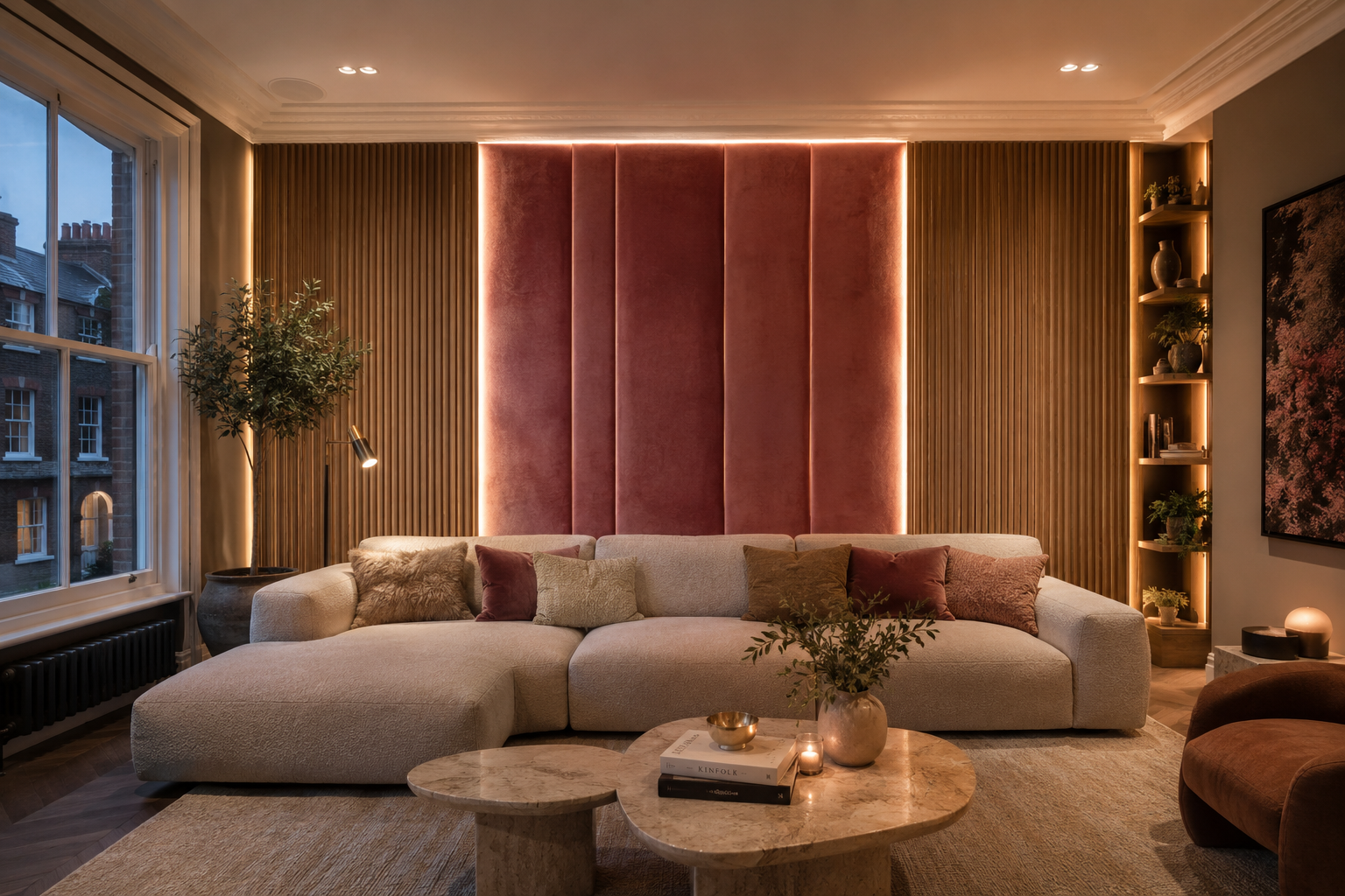 Wide-angle interior photograph of a completed living room party wall installation featuring floor-to-ceiling reeded oak