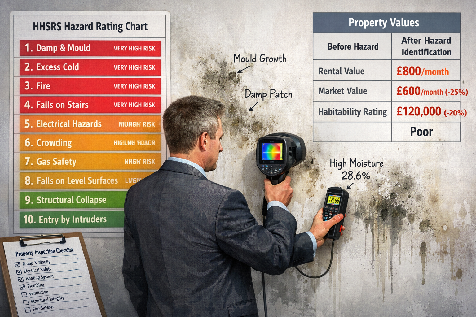 () detailed illustration showing expert witness examining rental property hazards with professional assessment tools. Scene