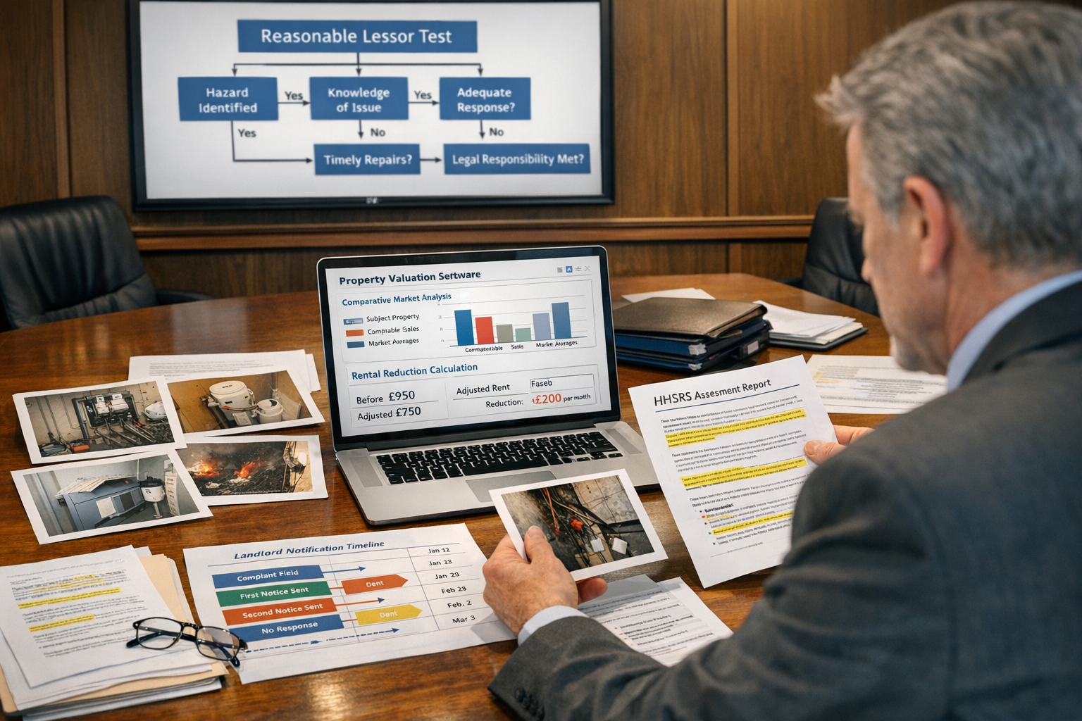 () professional courtroom preparation scene showing expert witness reviewing evidence portfolio at conference table. Central