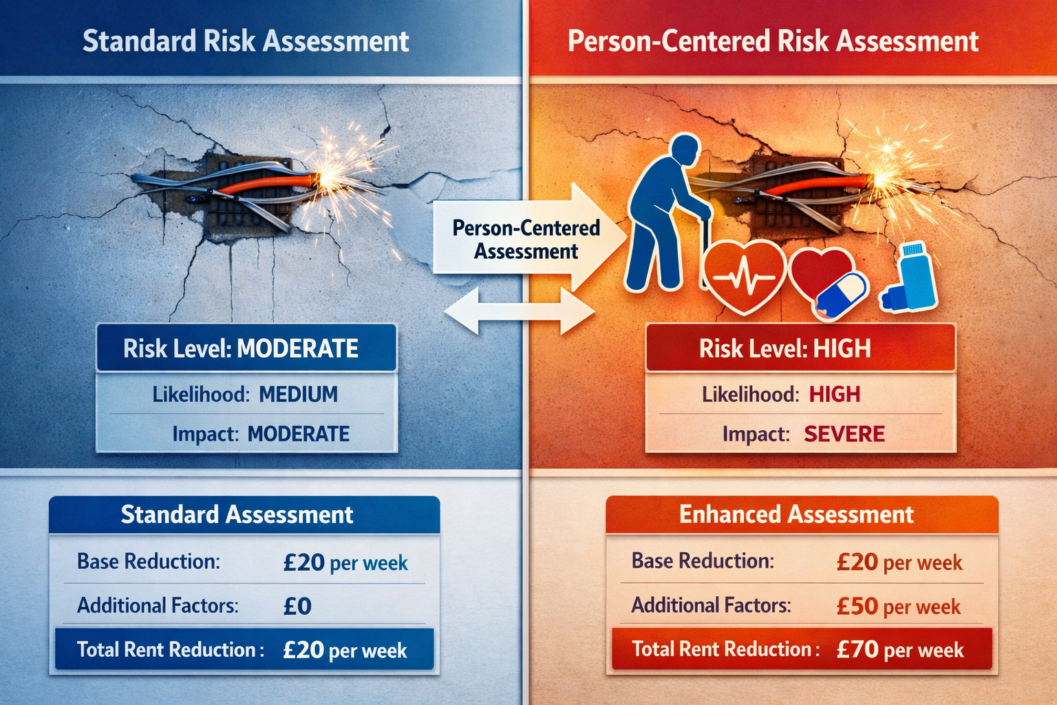 () conceptual split-screen illustration demonstrating tenant-centered hazard assessment methodology. Left panel shows same