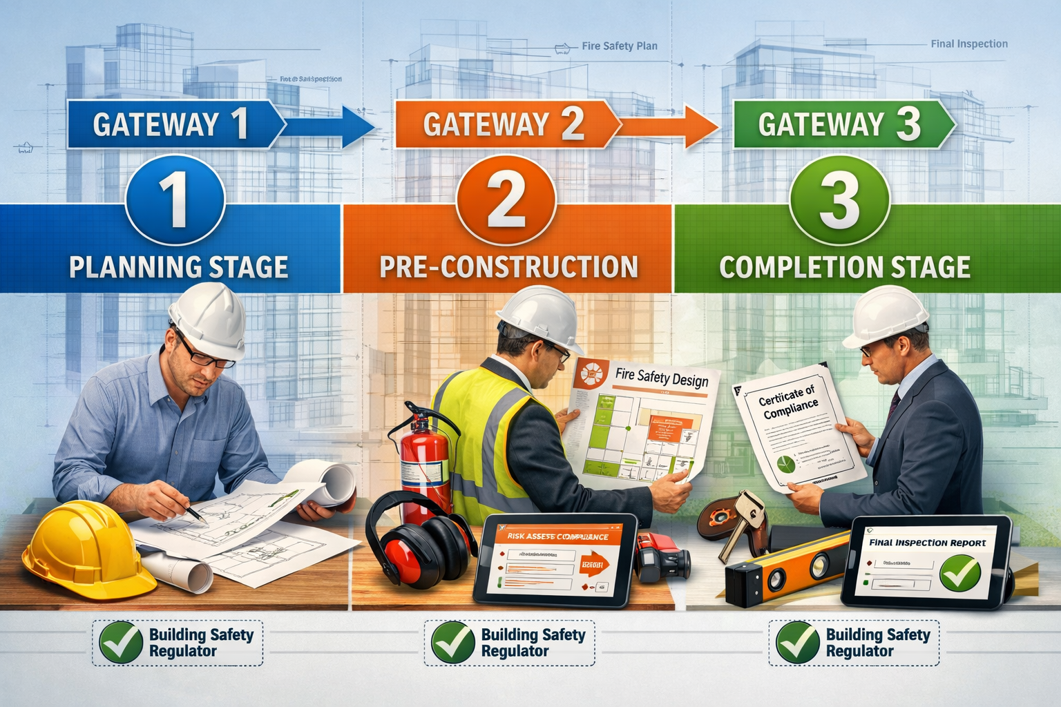 Detailed () image showing three-stage gateway process visualization with numbered circular icons (Gateway 1, 2, 3) connected