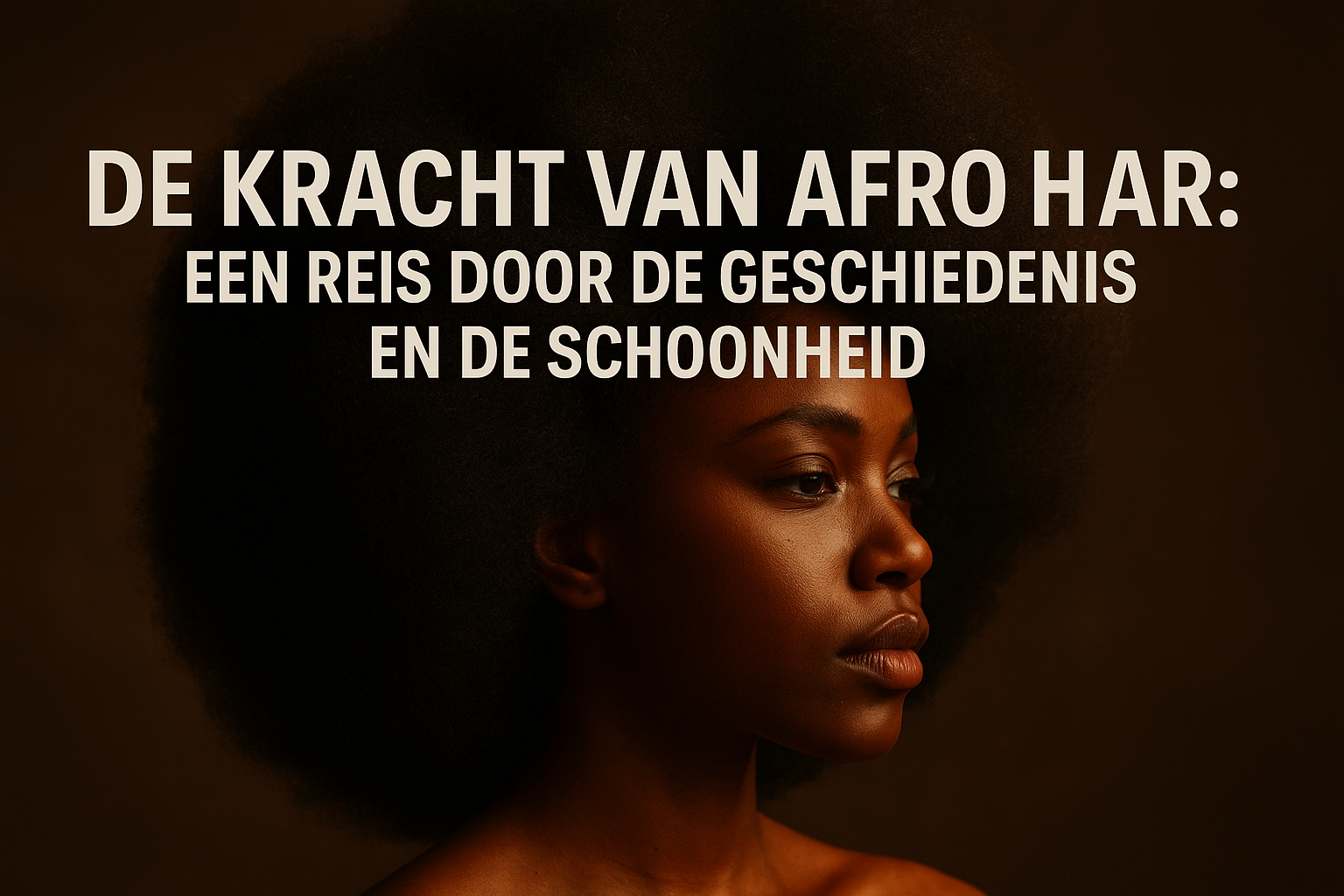 Professional landscape hero image (1536x1024) featuring bold text overlay 'De Kracht van Afro Haar: Een Reis door de Geschiedenis en de Scho