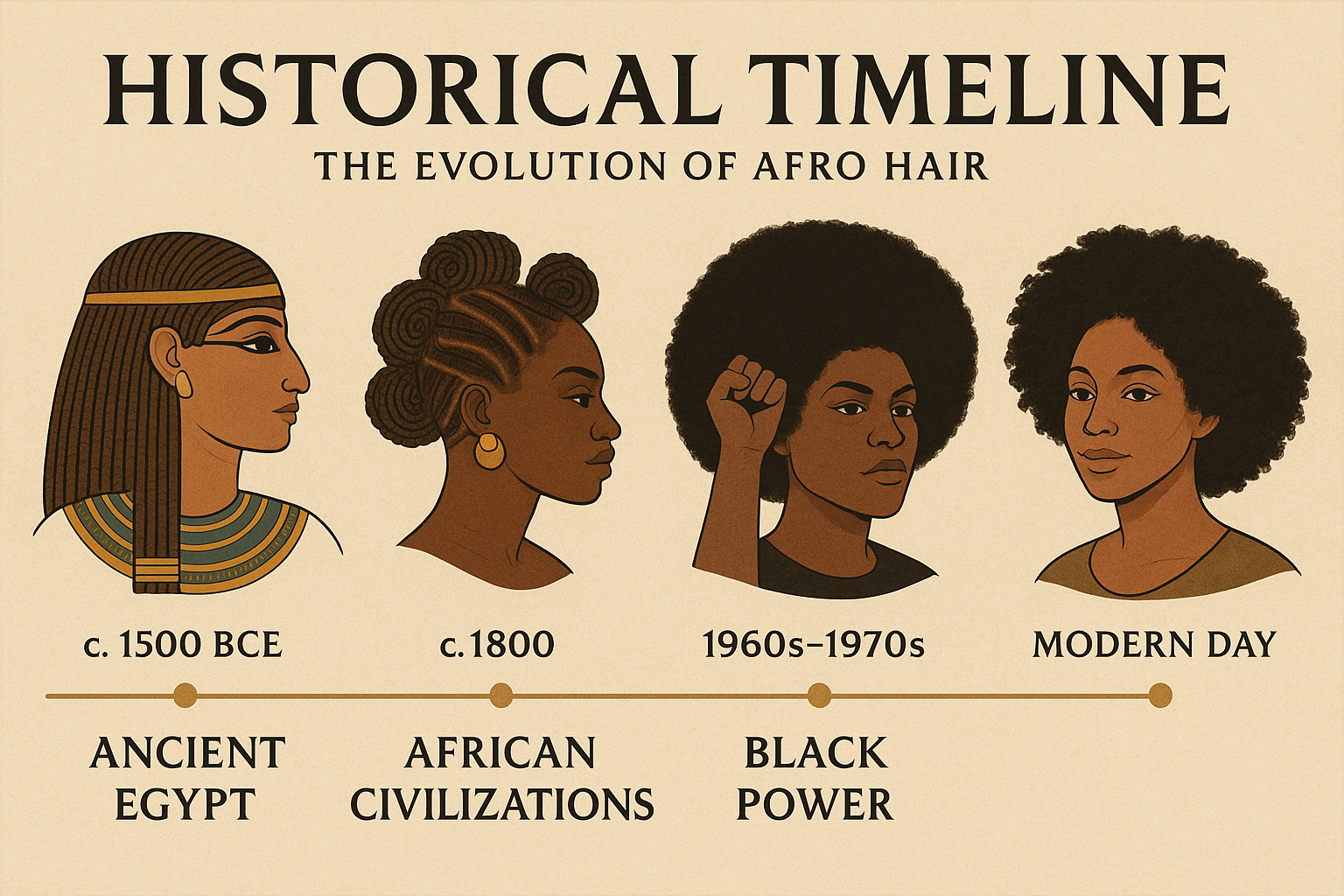 Historical timeline infographic (1536x1024) showing the evolution of Afro hair from ancient African civilizations through colonial period to