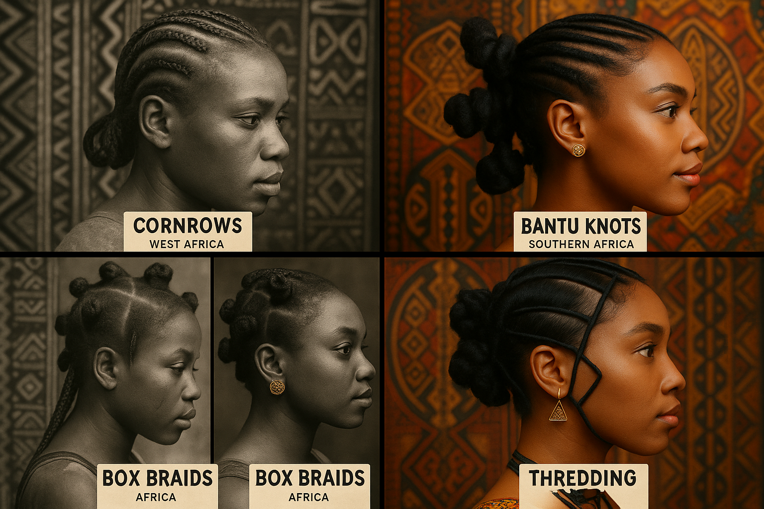 Cultural significance visual composition (1536x1024) displaying various traditional African hairstyles including cornrows, Bantu knots, box 