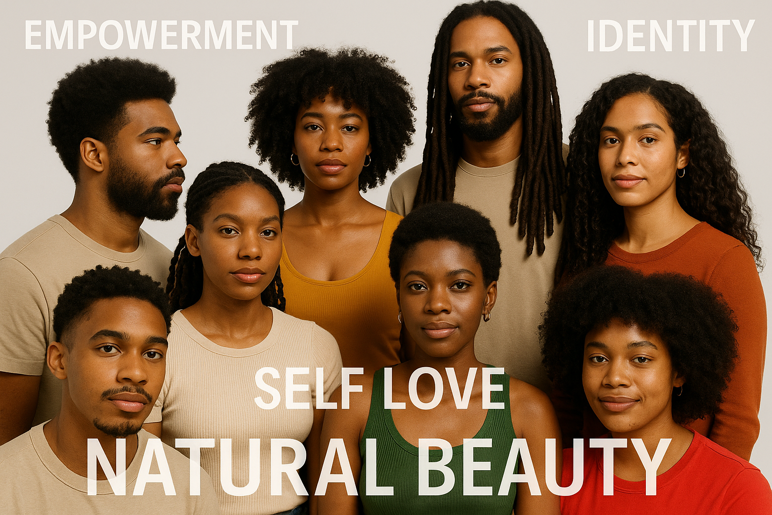 Empowerment and identity concept image (1536x1024) featuring diverse group of Black women and men showcasing different natural hair textures
