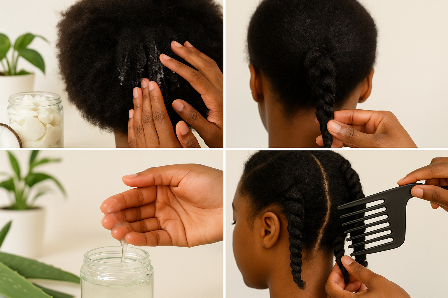 Modern natural hair care and styling visual (1536x1024) showing hands applying natural products to textured hair, close-up shots of moisturi
