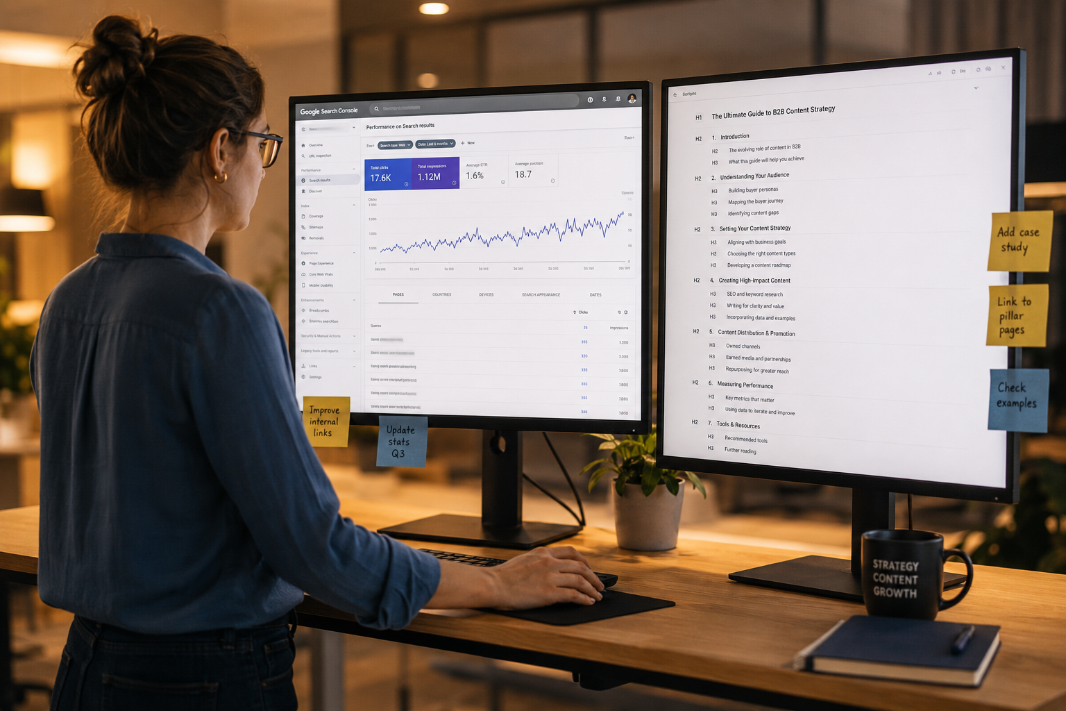 Detailed landscape format (1536x1024) depicting a content strategist at a standing desk reviewing a long-form SEO article on dual monitors, one screen showing Google Search Console rankings graph trending upward, the other showing a structured article outline with H1 H2 H3 heading hierarchy visible. Sticky notes on monitor edges. Coffee mug nearby. Warm office lighting, shallow depth of field, photorealistic editorial style, color palette of warm amber, white, and slate blue.
