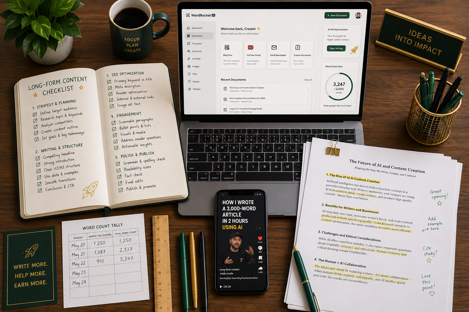 Detailed landscape format (1536x1024) showing a flat-lay overhead shot of a wooden desk with an open notebook containing a long-form content checklist, a laptop displaying the WordRocket AI writing tool interface, a smartphone showing a TikTok long-form video, and printed pages of a long-form article with highlighted sections and margin notes. Props include a ruler, colored pens, and a word count tally sheet. Color scheme: warm wood tones, white paper, green and gold accents. Clean, organized, editorial quality.