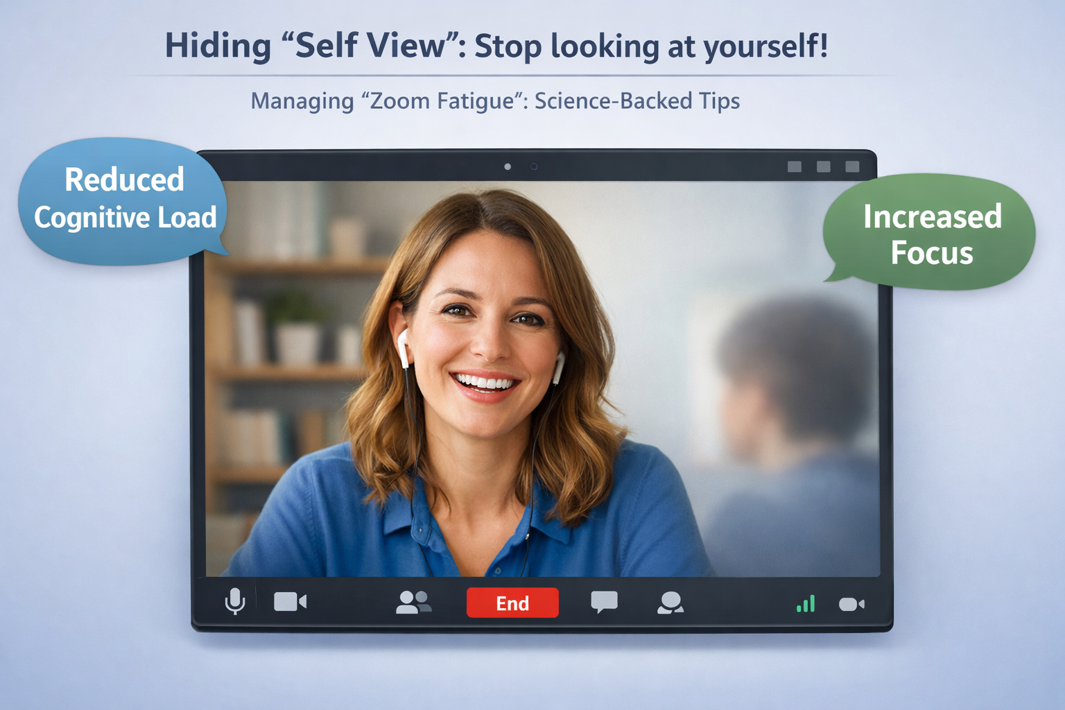 A digital illustration (1536x1024) showing a person in a video call, where the 'self-view' window is minimised or hidden, replaced by a subt