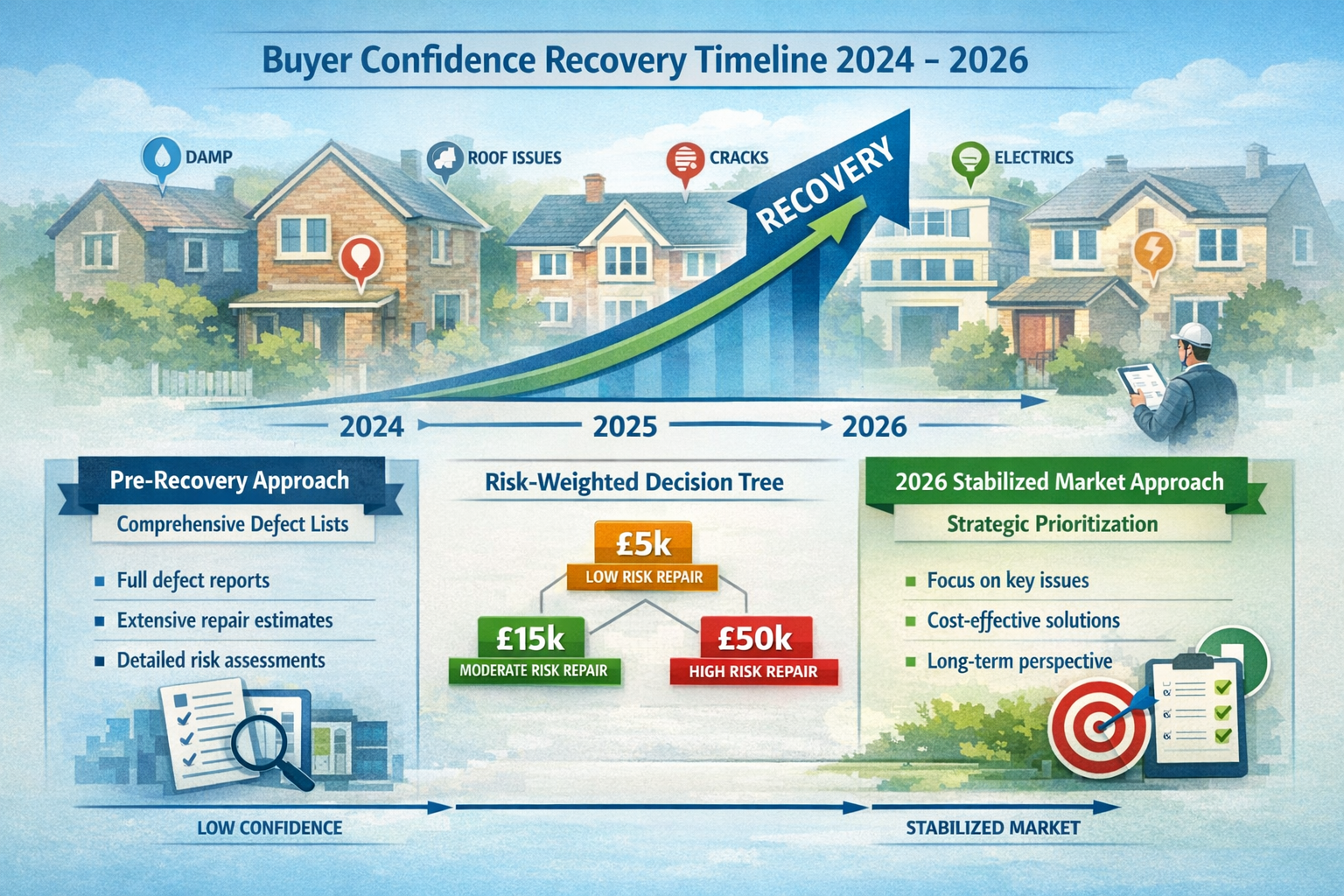 () detailed infographic illustration showing buyer confidence recovery timeline from 2024-2026 with upward trending graph