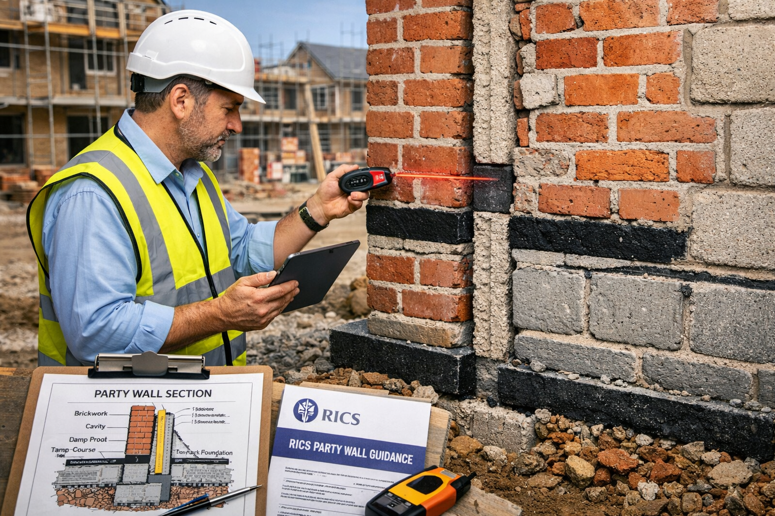 Detailed () image showing professional party wall surveyor in hard hat and high-visibility vest conducting detailed