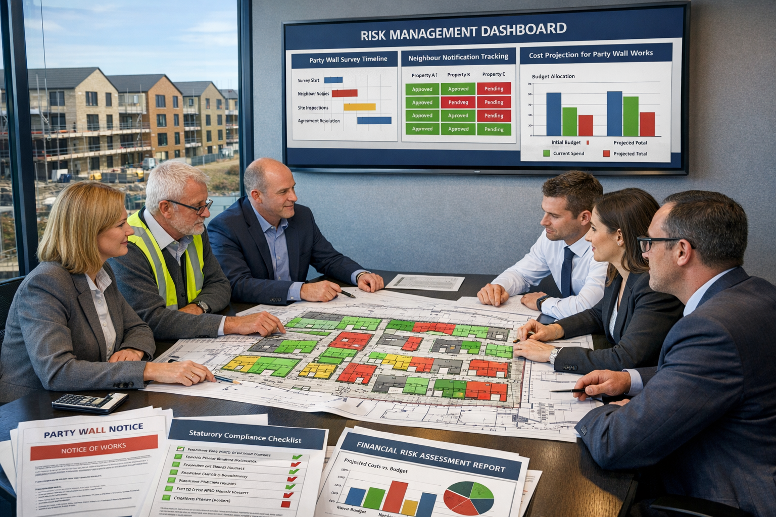 Detailed () image depicting institutional landlord project management meeting in modern glass-walled conference room