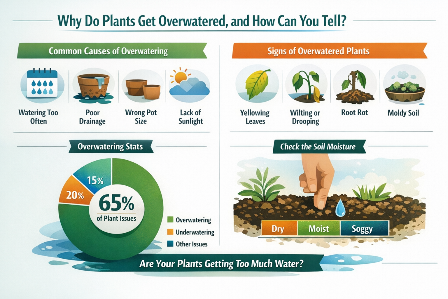 Professional infographic for article "How to Fix Overwatered Plants Fast: Your 2026 Guide to Rescue & Recovery", section: