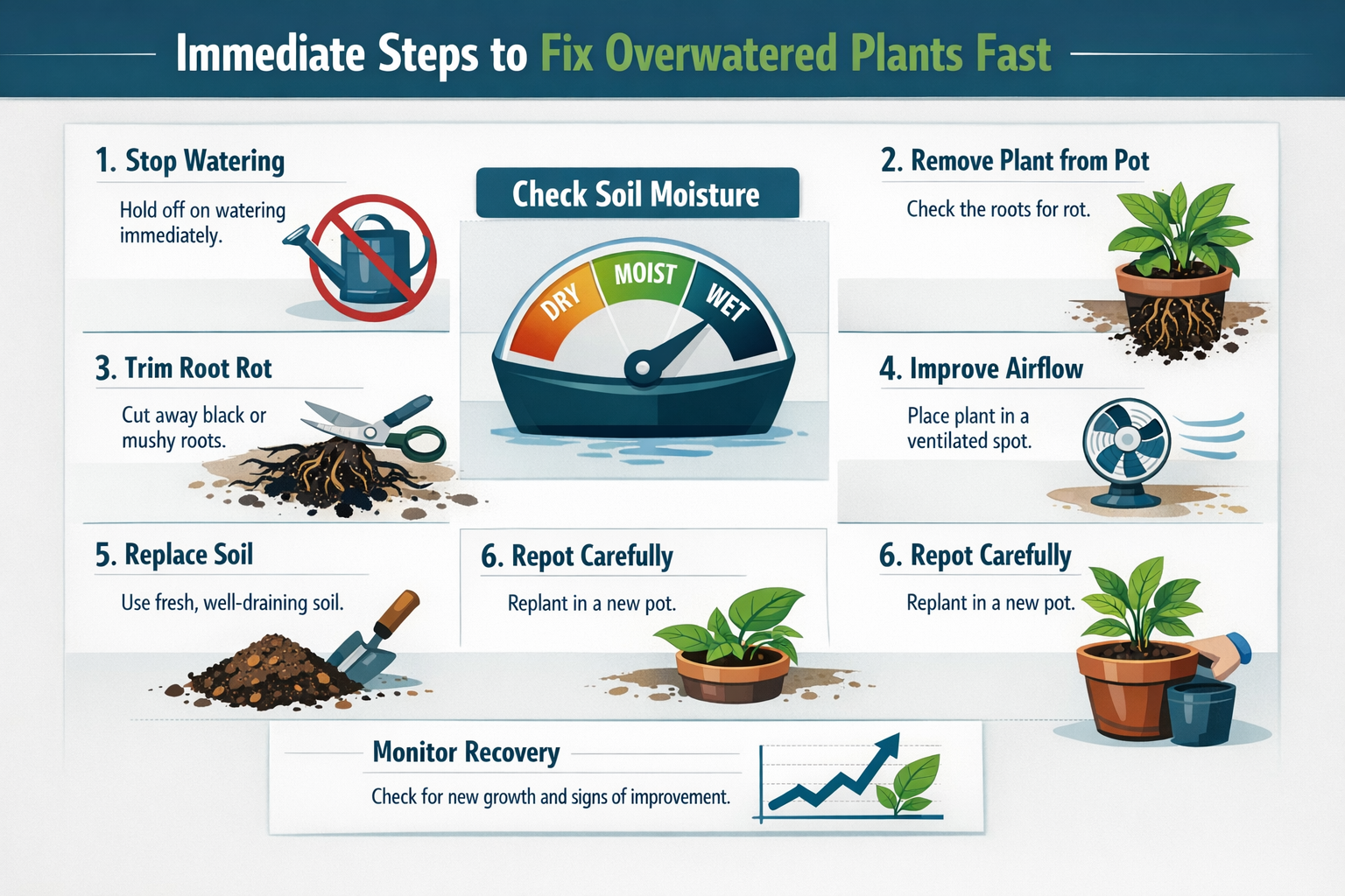 Professional infographic for article "How to Fix Overwatered Plants Fast: Your 2026 Guide to Rescue & Recovery", section: