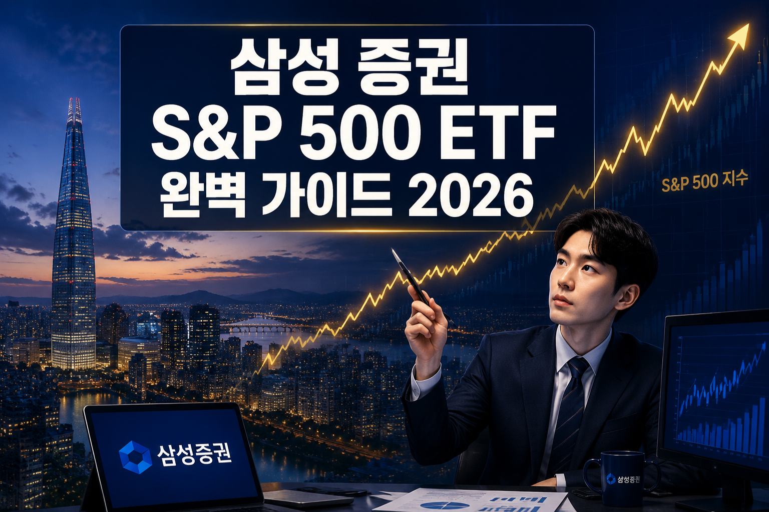 Professional () hero image with Korean '삼성 증권 S&P 500 ETF 완벽 가이드 2026' in extra large white with deep navy semi-transparent