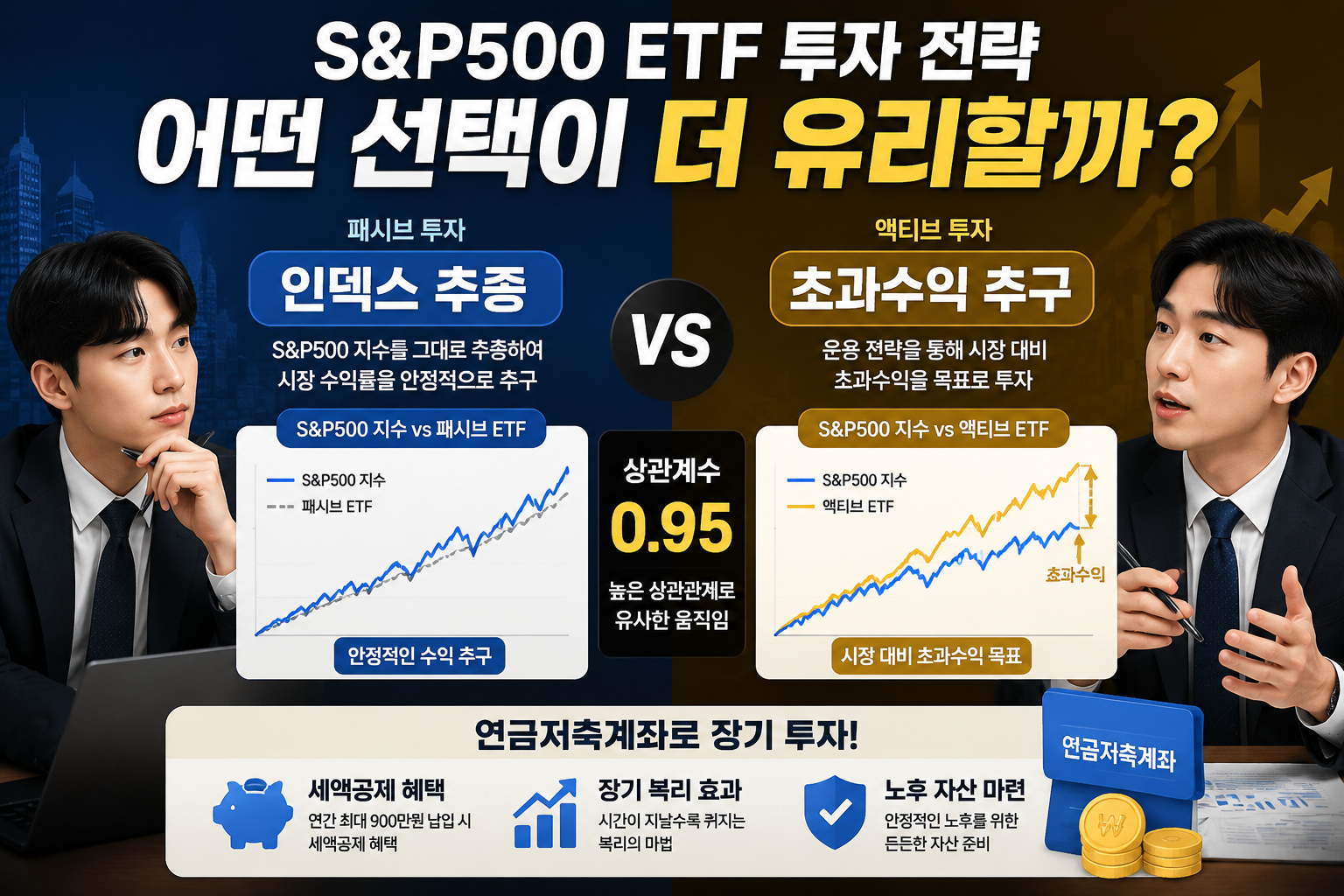 Split-screen infographic comparing passive vs active S&P500 ETF investing strategies in Korean, left side showing index