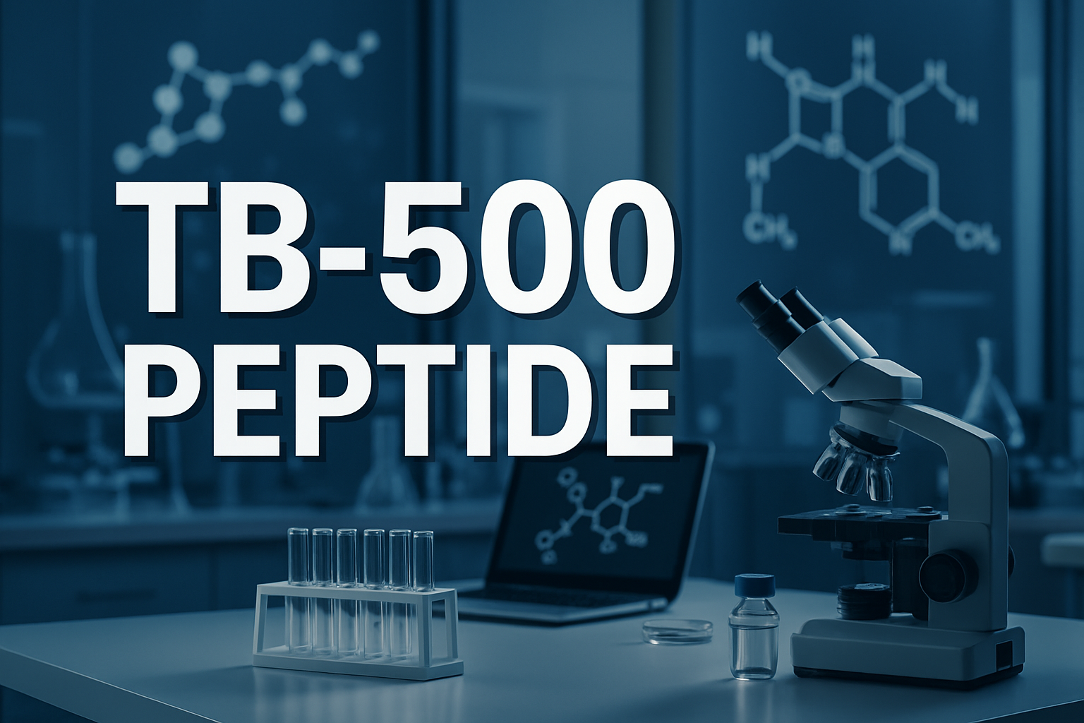 Professional landscape hero image (1536x1024) featuring bold text overlay 'TB-500 PEPTIDE' in extra large 72pt white sans-serif font with da