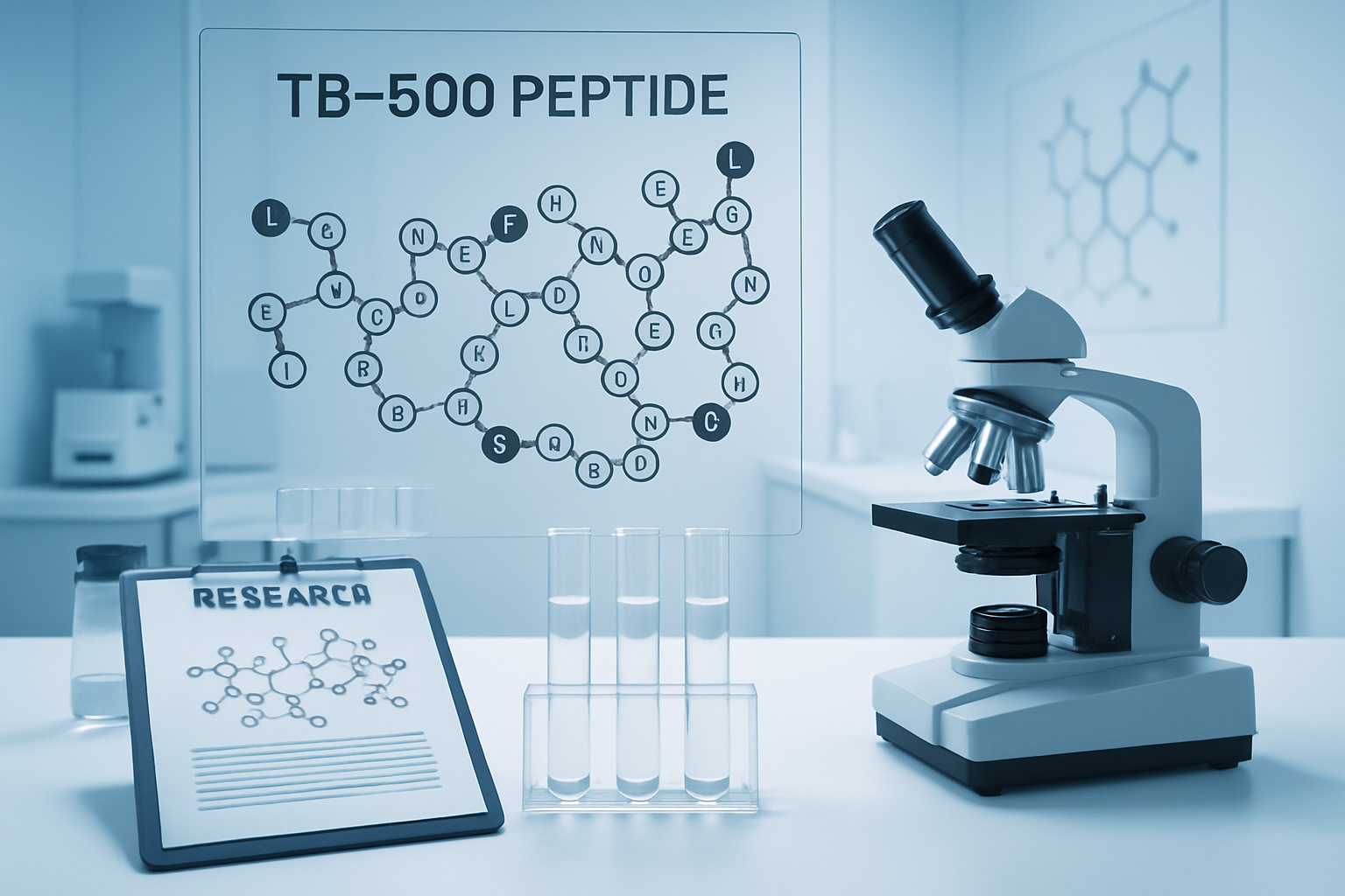 Scientific laboratory scene showing TB-500 peptide molecular structure with 43 amino acid chain visualization, test tubes containing clear p