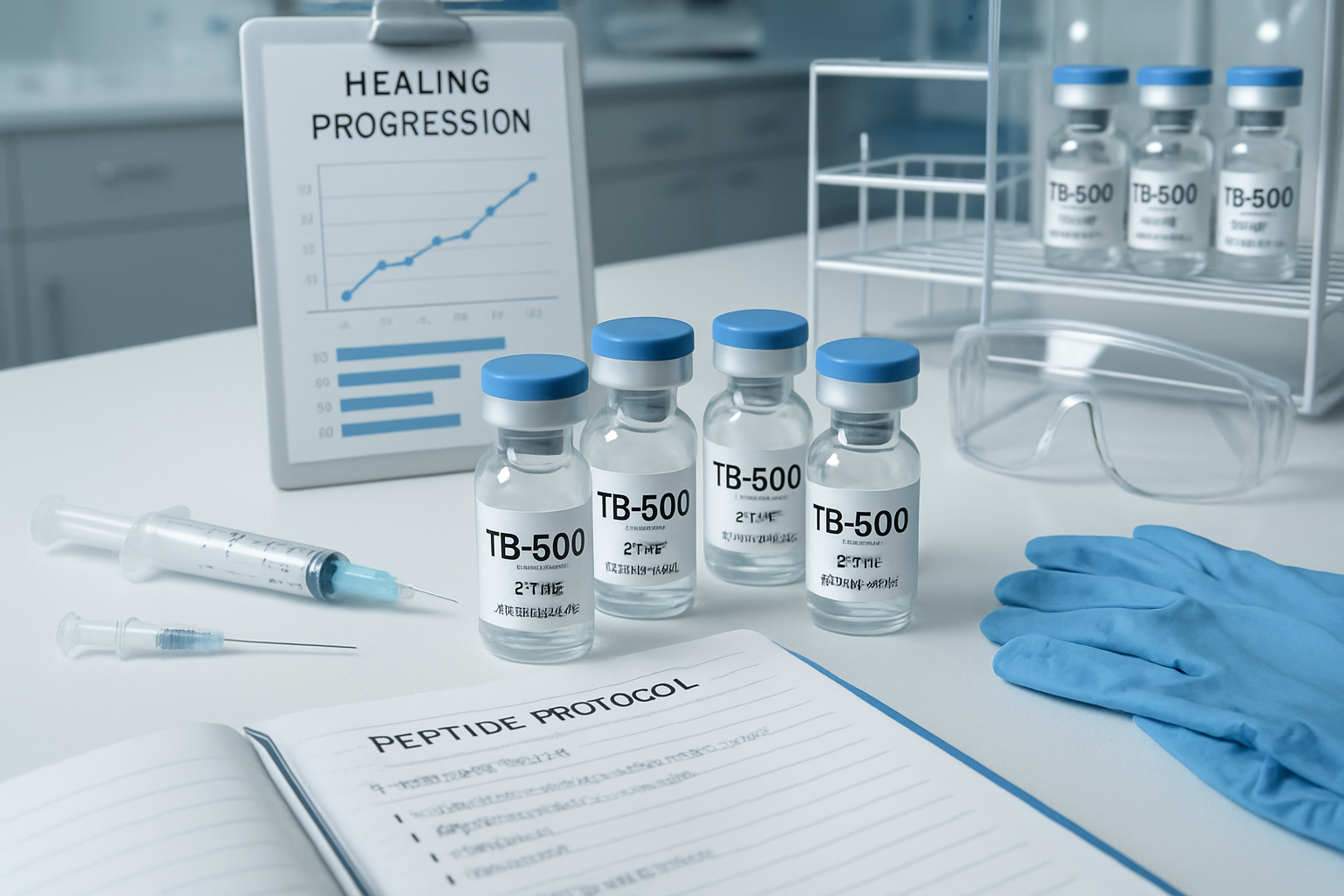 Clinical research environment displaying TB-500 peptide vials, injection equipment, dosage measurement tools, research charts showing healin