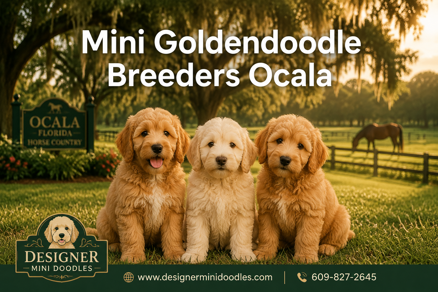 Professional () editorial hero image featuring 'Mini Goldendoodle Breeders Ocala' in white with subtle dark , centered in