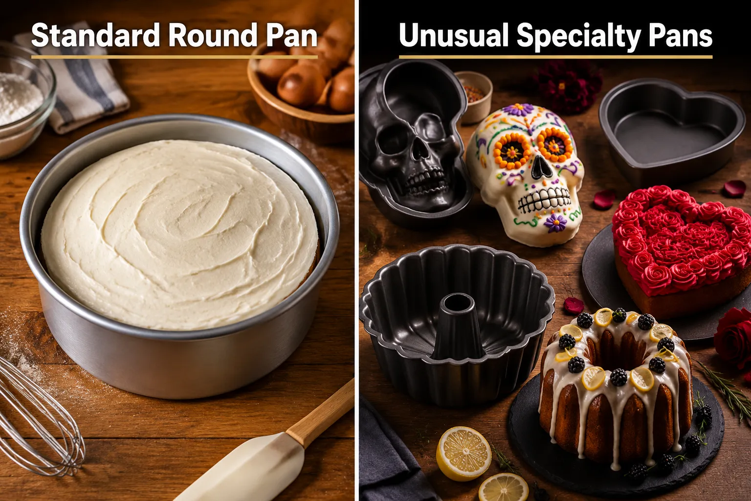 Split-screen editorial landscape image (1536x1024): left half shows a bright overhead shot of a standard round 9-inch aluminum cake pan on a wooden baking counter with a simple frosted cake, labeled 'Standard Round Pan'; right half shows a dramatic array of unusual baking pans including a skull mold, heart shaped pan, and fluted tube cake pan arranged on the same counter with decorated themed cakes, labeled 'Unusual Specialty Pans'. Studio lighting, warm tones, sharp food photography, high-contrast magazine composition, bakeware theme. Unusual Baking Pans vs Regular Cake Pans: Which Is Better