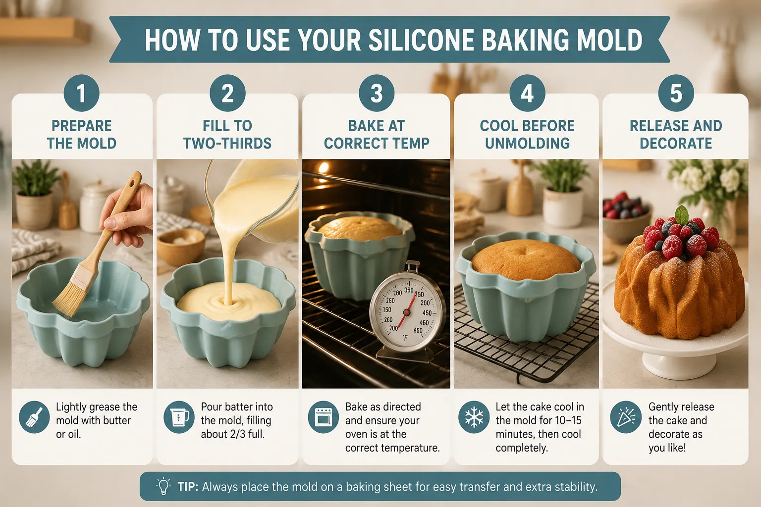 Numbered step-by-step process flow landscape format (1536x1024) showing how to use an unusual silicone baking mold: Step 1 illustrated panel 'Prepare the Mold' showing silicone mold being lightly greased; Step 2 'Fill to Two-Thirds' showing batter being poured into a fluted cavity; Step 3 'Bake at Correct Temp' showing oven thermometer next to pan; Step 4 'Cool Before Unmolding' showing cake resting on rack; Step 5 'Release and Decorate' showing finished shaped cake on a stand. Warm kitchen background, bright natural light, clean sans-serif step labels, teal accent color, editorial instructional style. Unusual Baking Pans That Won't Stick: What Works Best