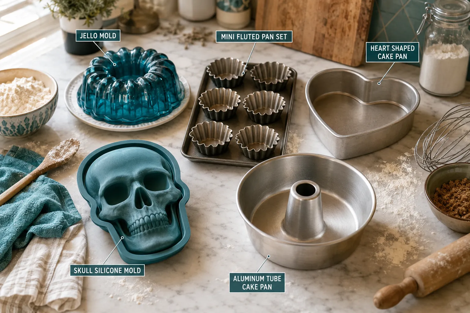Annotated documentary photography landscape format (1536x1024): overhead editorial shot of a home baker's kitchen counter displaying five distinct unusual baking pans including a jello mold, a mini fluted pan set, a heart shaped cake pan, a skull silicone mold, and an aluminum tube cake pan, each with a short callout label naming the pan type. Warm daylight from a side window, white marble counter, scattered flour and baking tools as props, shallow depth of field on the pan collection, teal and cream color palette, magazine food-editorial quality, callout lines thin and precise. Unusual Baking Pans for Small Kitchens: Space-Saving Options