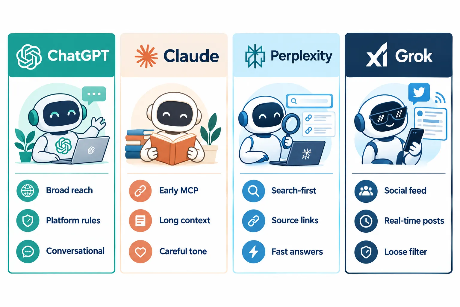 Comparison cards for ChatGPT, Claude, Perplexity and Grok as AI assistants connected to Webull Canada accounts