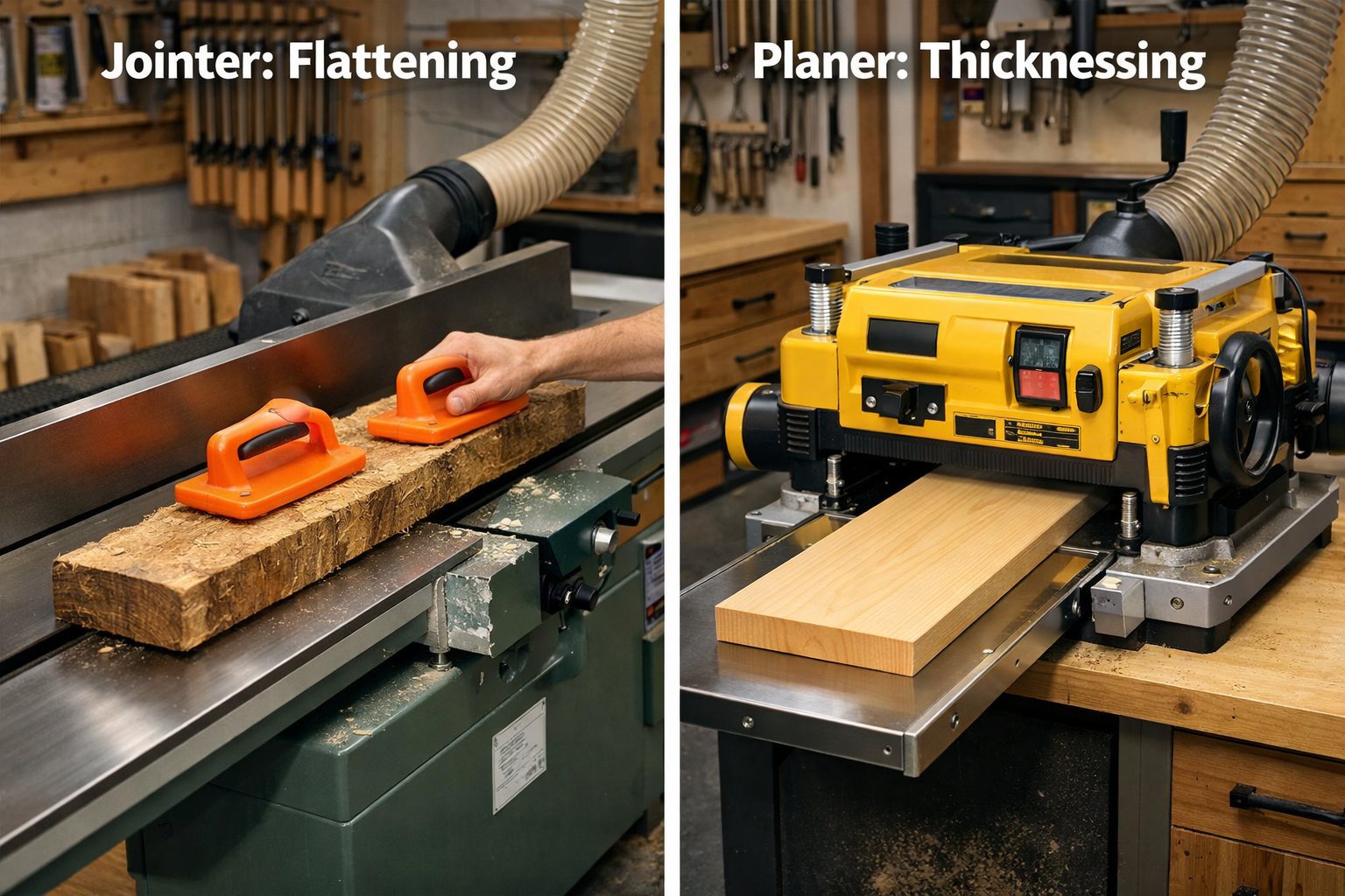 Detailed () image showcasing a side-by-side comparison of a jointer and a planer in a well-organized, a long-bed jointer is
