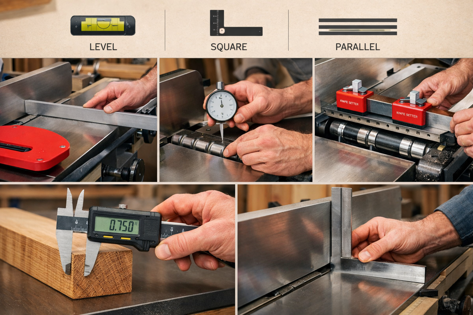 Detailed () image illustrating various setup and calibration steps for both a jointer and a planer. The scene shows