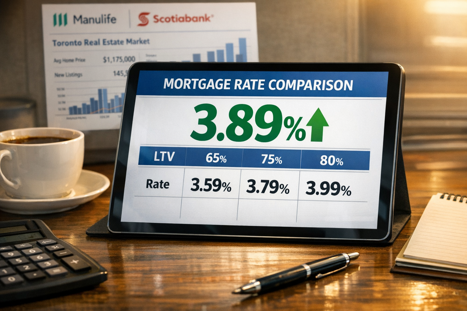 Detailed () image showing close-up of official mortgage rate comparison chart on modern tablet screen, displaying 3.89%