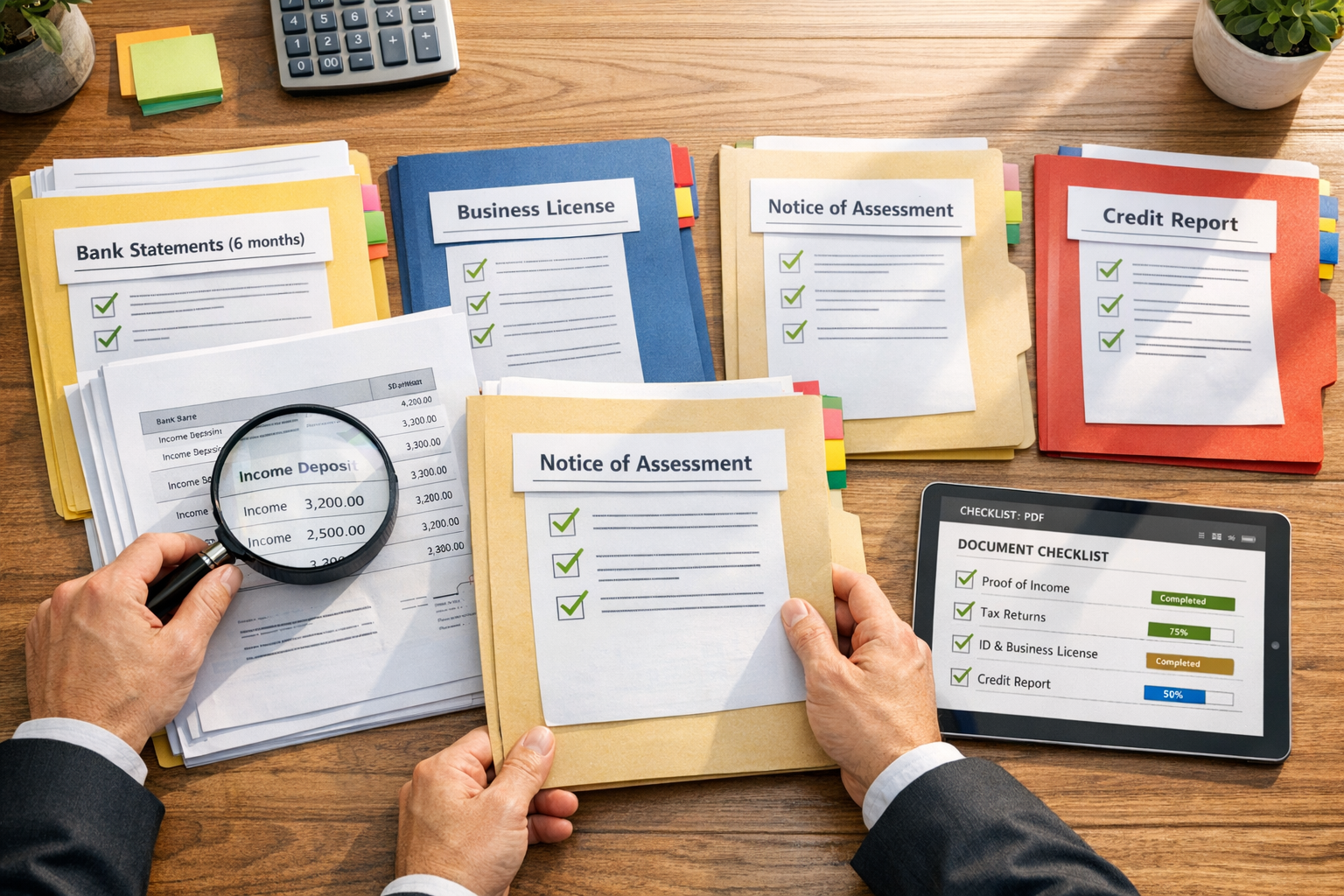 Detailed () image depicting organized documentation checklist layout on wooden desk surface. Shows neatly arranged documents