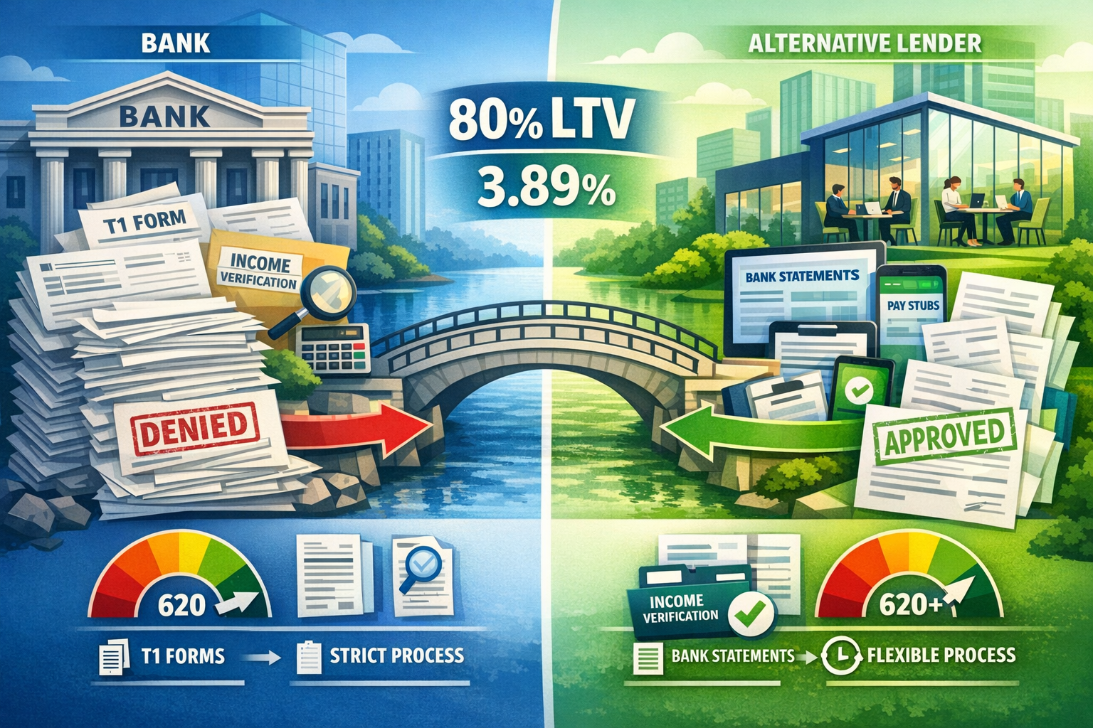 Detailed () image showing split-screen comparison between traditional bank (left) and alternative lender (right). Left side: