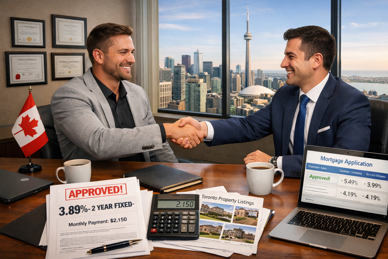 Detailed () image featuring confident self-employed professional shaking hands with mortgage broker in modern Toronto office