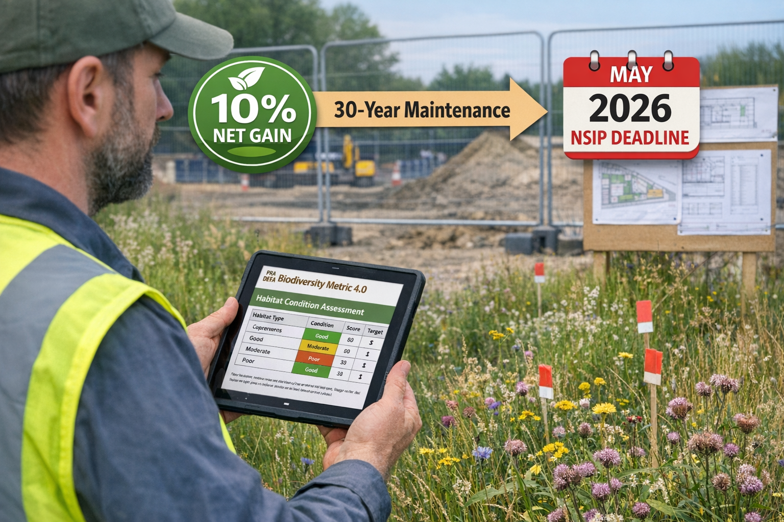 Detailed landscape format (1536x1024) image showing professional ecology surveyor in high-visibility vest conducting habitat assessment in U