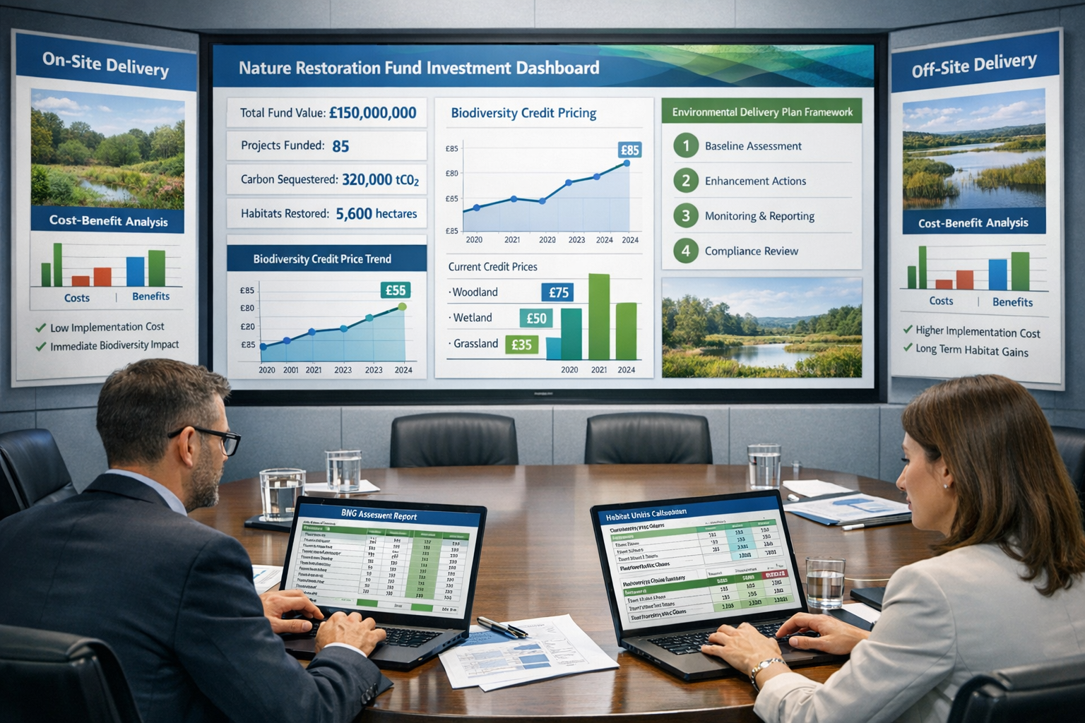 Detailed landscape format (1536x1024) financial compliance concept image featuring modern banking institution boardroom with large presentat