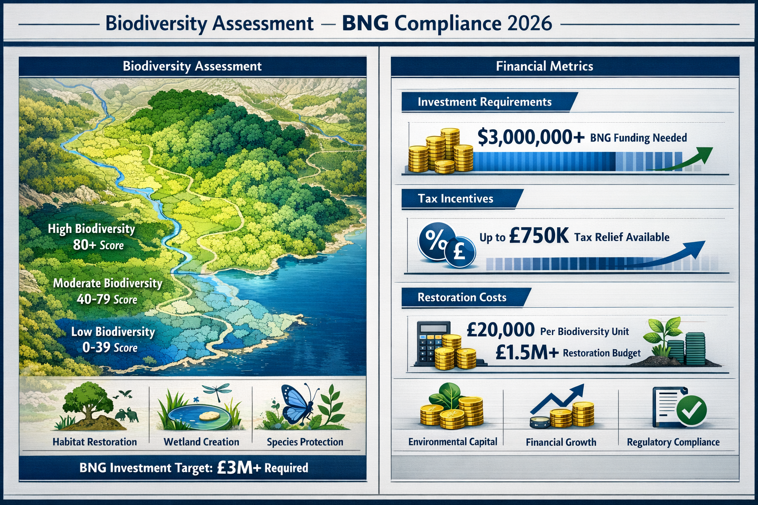 Financial mandates visualization for Biodiversity Net Gain (BNG) compliance in 2026: Split-screen infographic showing ecological investment