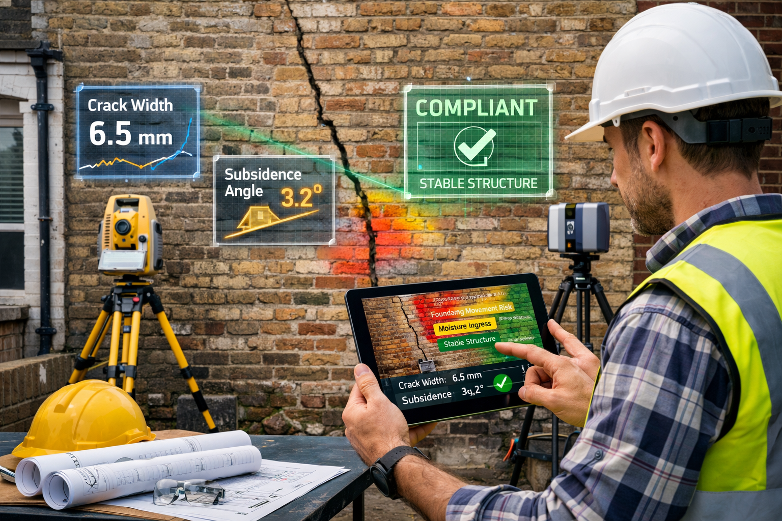 Detailed () image showing a modern surveyor using a tablet device on a construction site next to a shared party wall between