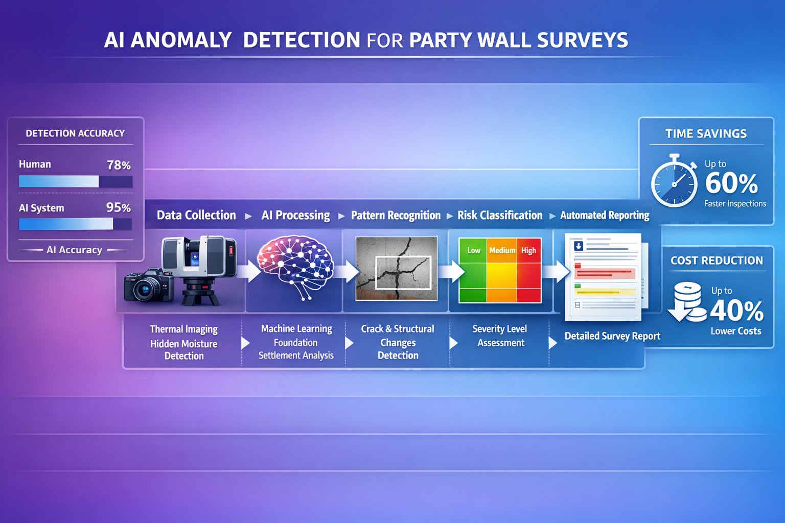 Comprehensive () infographic-style visualization displaying the complete AI anomaly detection workflow for party wall