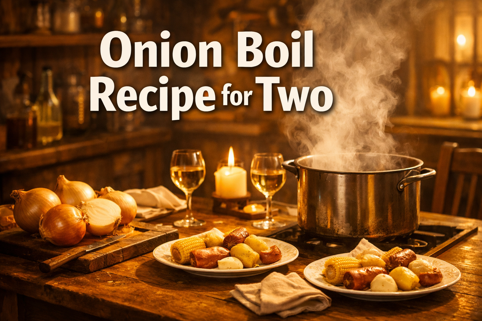 Professional landscape hero image (1536x1024) featuring bold text overlay 'Onion Boil Recipe for Two' in extra large 72pt white sans-serif f