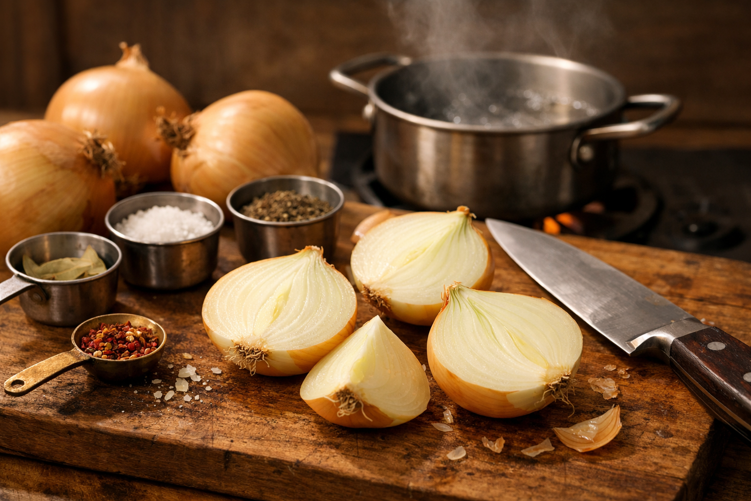 Close-up landscape shot (1536x1024) of fresh yellow onions being prepared for boiling recipe, showing halved onions with visible layers, sha