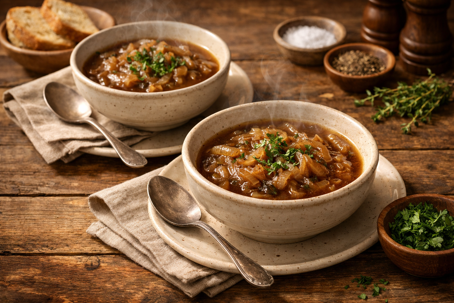 Landscape food photography (1536x1024) showing completed onion boil dish served for two people, two bowls filled with tender caramelized oni