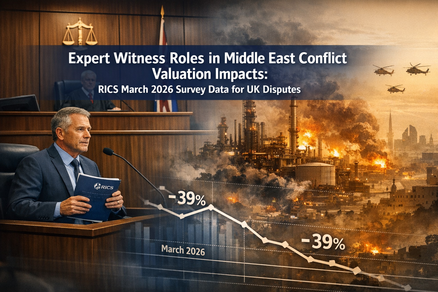 Professional () editorial hero image featuring 'Expert Witness Roles in Middle East Conflict Valuation Impacts: RICS March