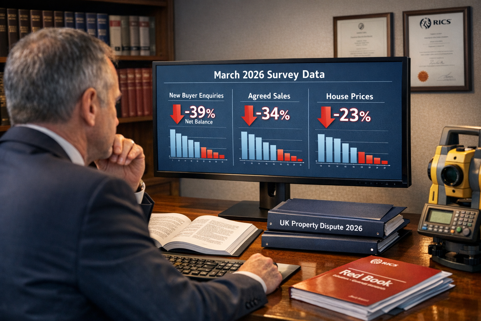 Detailed () image showing professional RICS chartered surveyor expert witness in formal business attire reviewing March 2026