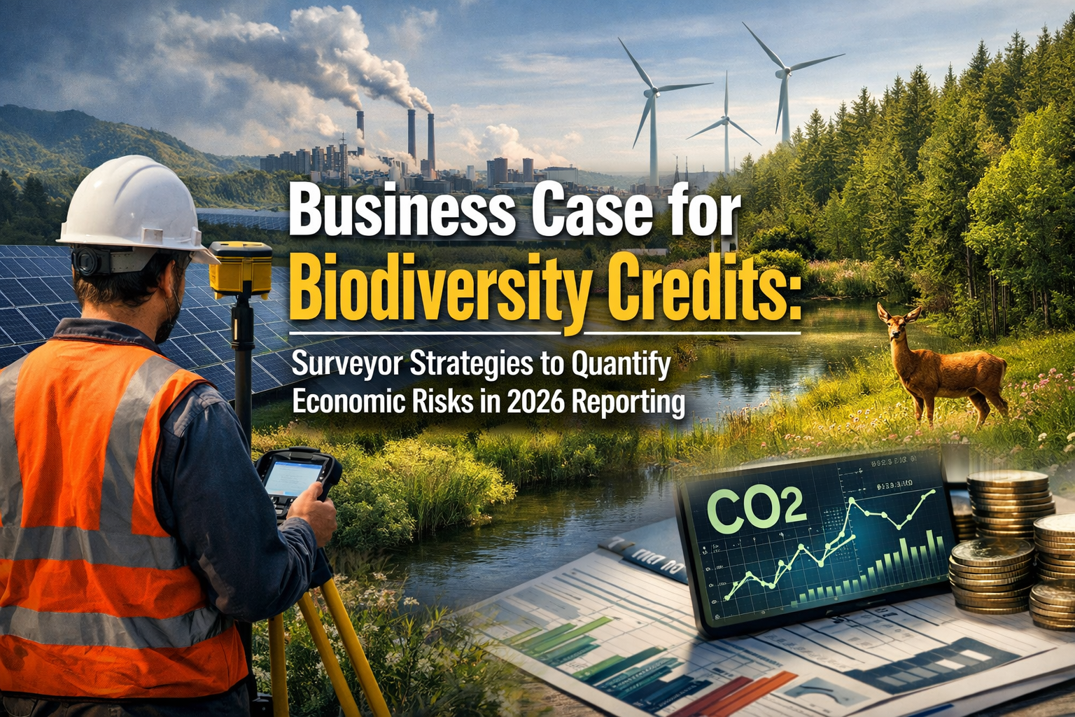 Professional landscape hero image () with : "Business Case for Biodiversity Credits: Surveyor Strategies to Quantify