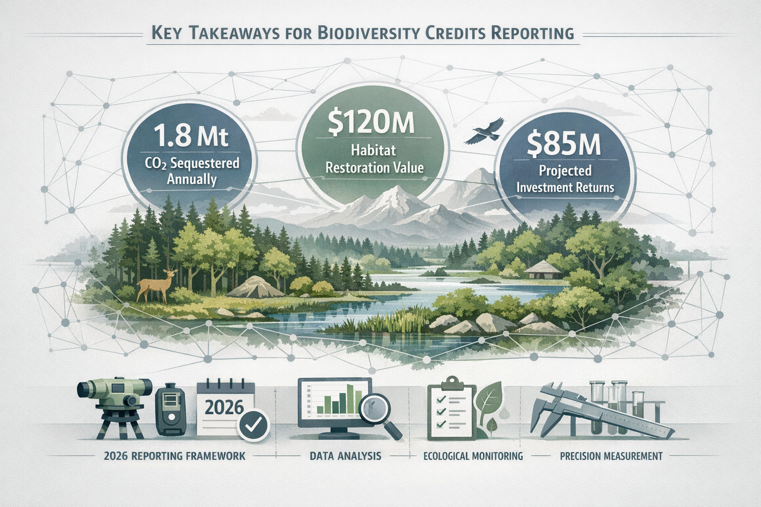 Landscape editorial infographic visualizing 'Key Takeaways' for Biodiversity Credits reporting. Central graphic showing