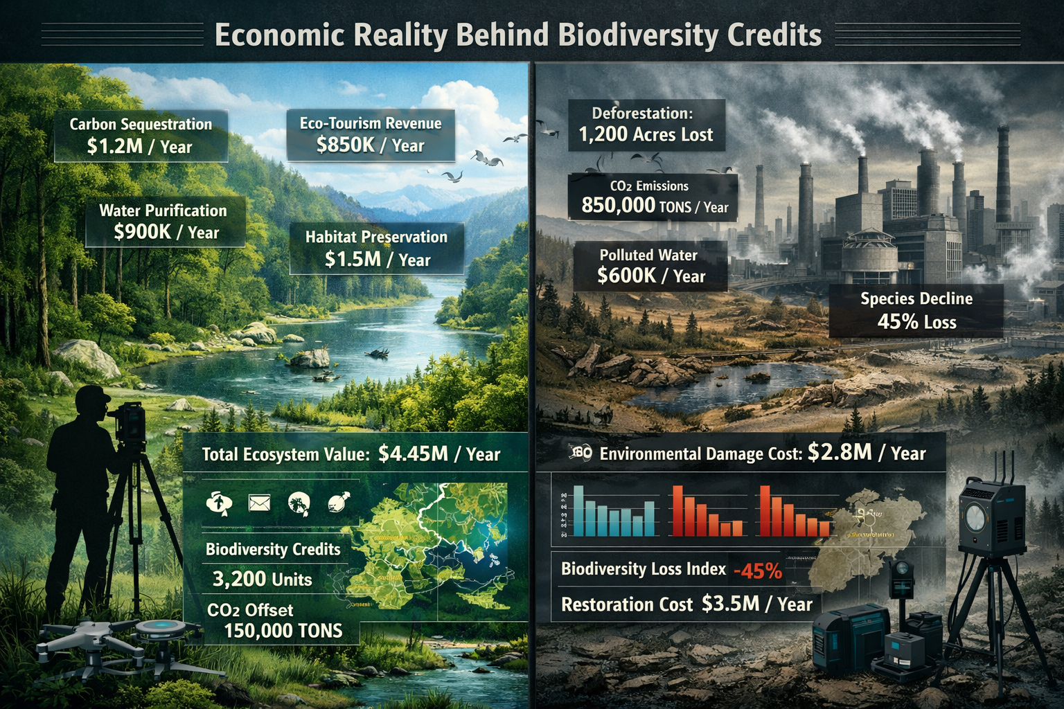 Expansive landscape visualization exploring 'Economic Reality Behind Biodiversity Credits' with a split-screen composition.