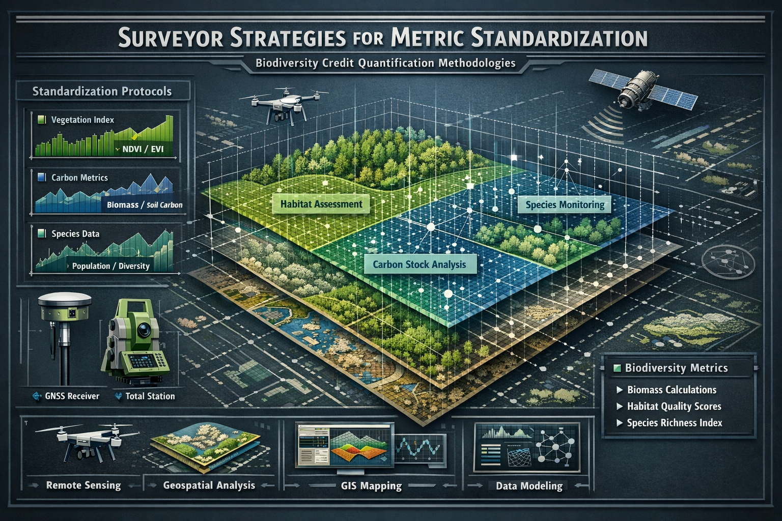 Comprehensive infographic illustrating 'Surveyor Strategies for Metric Standardization' with a technical, precision-driven