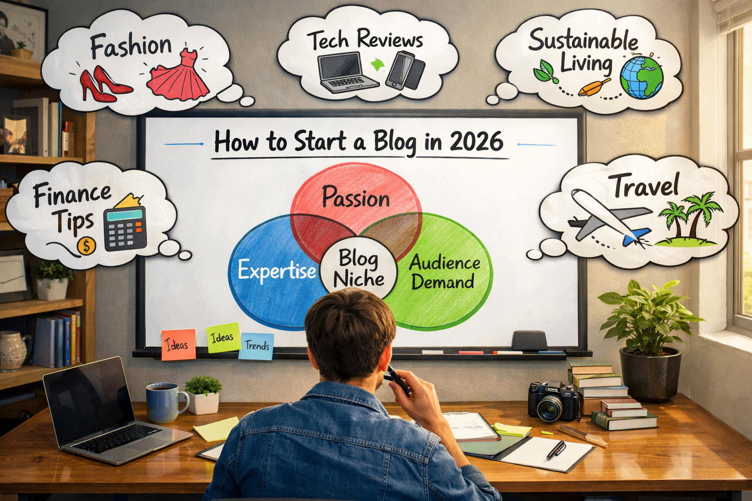 Landscape format (1536x1024) image illustrating a person brainstorming blog niche ideas, surrounded by thought bubbles containing keywords l