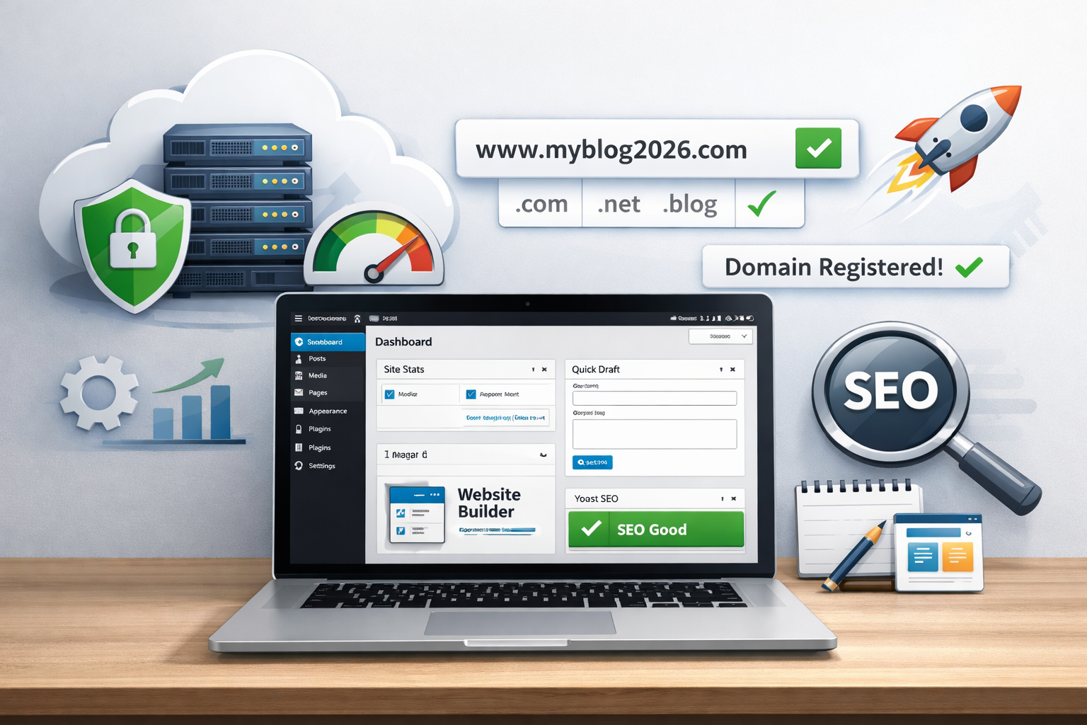 Landscape format (1536x1024) image depicting the technical setup of a blog: a laptop displaying a WordPress dashboard, a web hosting server